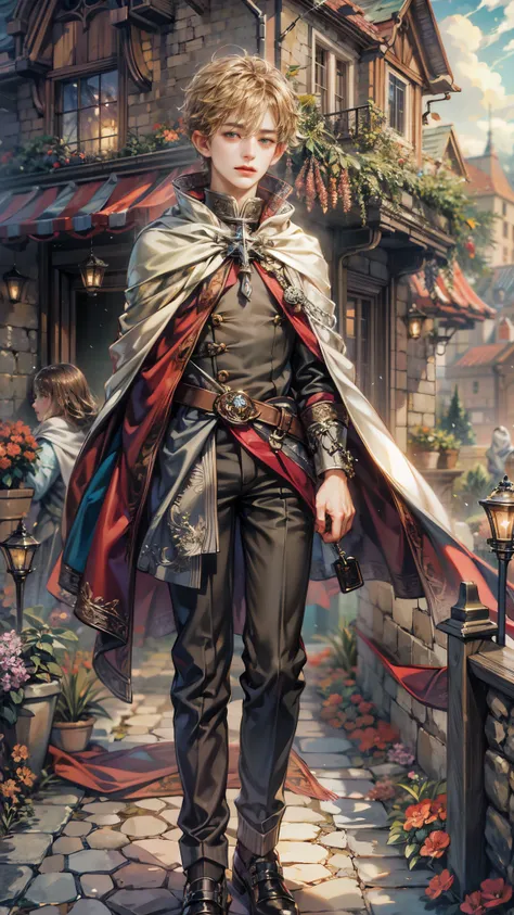 (absurdres, highres, ultra detailed, HDR), masterpiece, Intricate details,best quality picture of a character from Octopath Traveler, handsome teen boy with original Hair color, tim burton style, anime eyes, see through Outfit showing Chest with cape in a ...