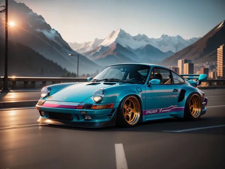 retrowave. City, Porsche 911 rwb, large wheels, slammed, wide body kit, Road, PURPLE NEON MONITOR LIGHT, Sun, Mountain, (Masterpiece, Detailed, A high resolution),