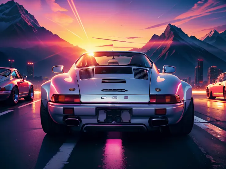 retrowave. City, Porsche 911 rwb, large wheels, slammed, wide body kit, Road, PURPLE NEON MONITOR LIGHT, Sun, Mountain, (Masterpiece, Detailed, A high resolution),