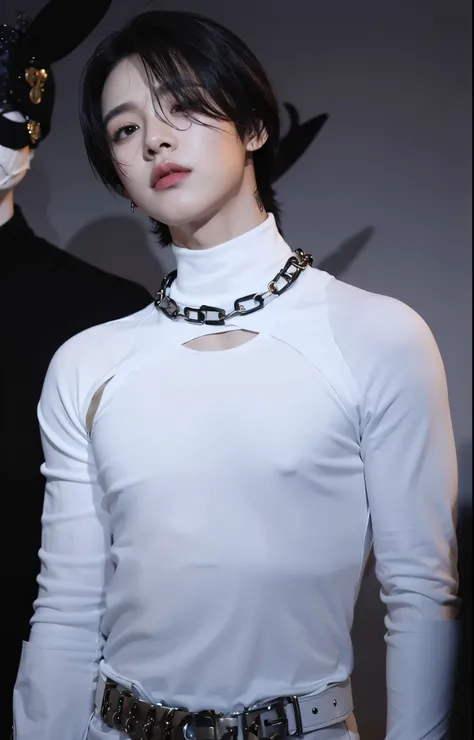 Araffe with white shirt and black mask., con camisa blanca de cuello alto, Jimin, park Jimin, cai xukun, jinyoung shin, Jung Jaehyun, kim taejin, kim doyoung, hyung tae, gargantilla, cadenas de cuello, wearing gargantilla, Jiminlos labios carnosos, fotos o...