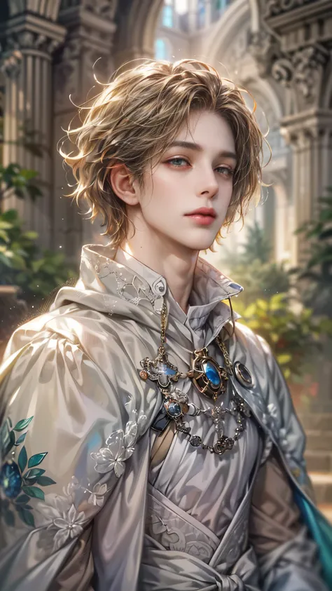 (absurdres, highres, ultra detailed, HDR), masterpiece, Intricate details,best quality close-up picture of a character from Octopath Traveler, handsome adult boy in tim burton style, anime eyes, Hero Outfit see through showing Chest with cape in a random c...
