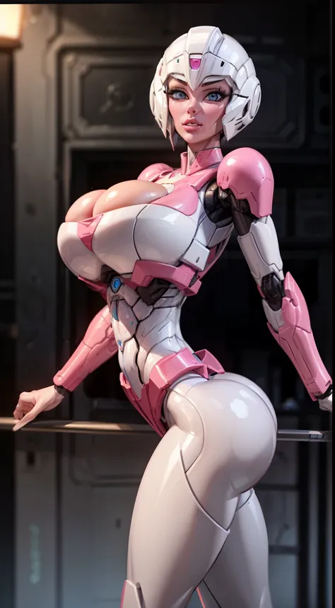 (Arcee), Arafed Mujer con un traje futurista posando para una foto, (detailed face), defined cheekbones, (puffy lips), (white sclera), en armadura futurista blanca, girl in mecha cyber armor, (helmet covers forehead), full lips, (pink and white color schem...