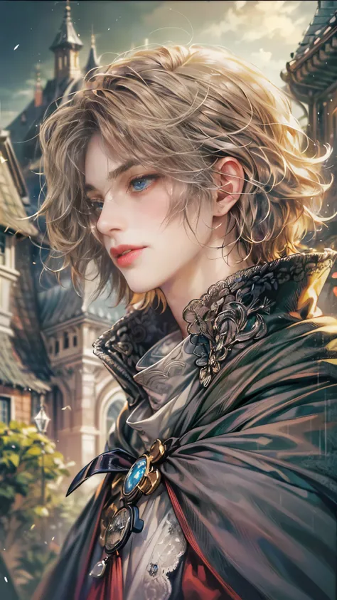 (absurdres, highres, ultra detailed, HDR), masterpiece, Intricate details,best quality close-up picture of a character from Octopath Traveler, handsome teen boy with original Hair color, tim burton style, anime eyes, see through Outfit showing Chest with c...