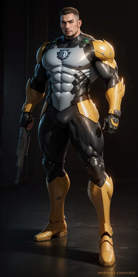 Tall giant muscular police officer，Yellow-gray honeycomb network pattern nano mecha，honeycomb pattern，Lightweight texture，character concept（Resident Evil - chris redfield，chris redfield）senior police officer，small grid texture，regular symmetrical texture p...