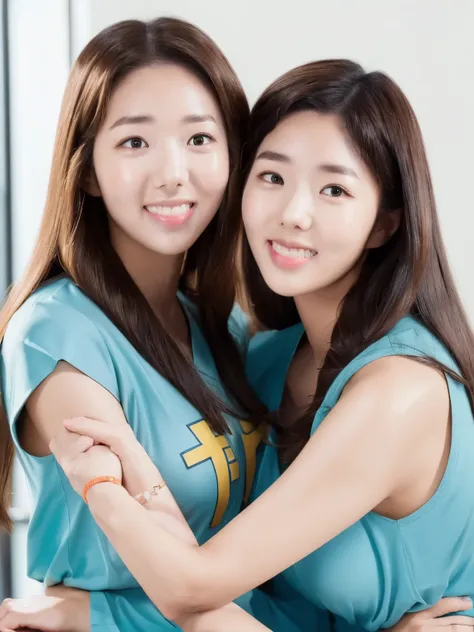 2 identical girls touching foreheads, ((forehead-to-forehead)), (chae soo bin), 2girls, gemini twins, clones, identical twins, d...