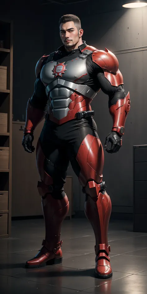 Tall giant muscular police officer,Red and gray network pattern nano mecha,honeycomb pattern,Lightweight texture,character concept(Resident Evil - chris redfield,chris redfield)senior police officer,small grid texture,regular symmetrical texture pattern,sa...