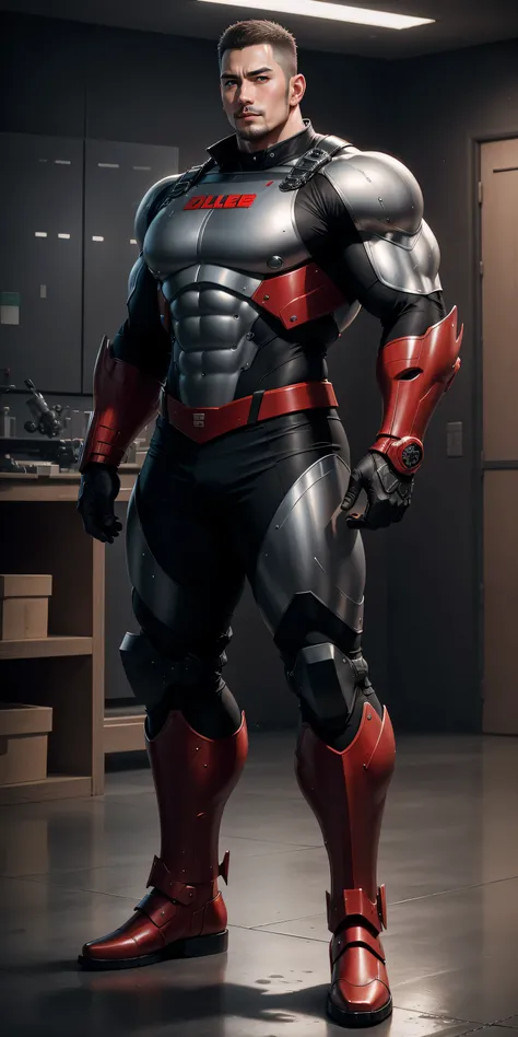 Tall giant muscular police officer,Red and gray network pattern nano mecha,honeycomb pattern,Lightweight texture,character concept(Resident Evil - chris redfield,chris redfield)senior police officer,small grid texture,regular symmetrical texture pattern,sa...