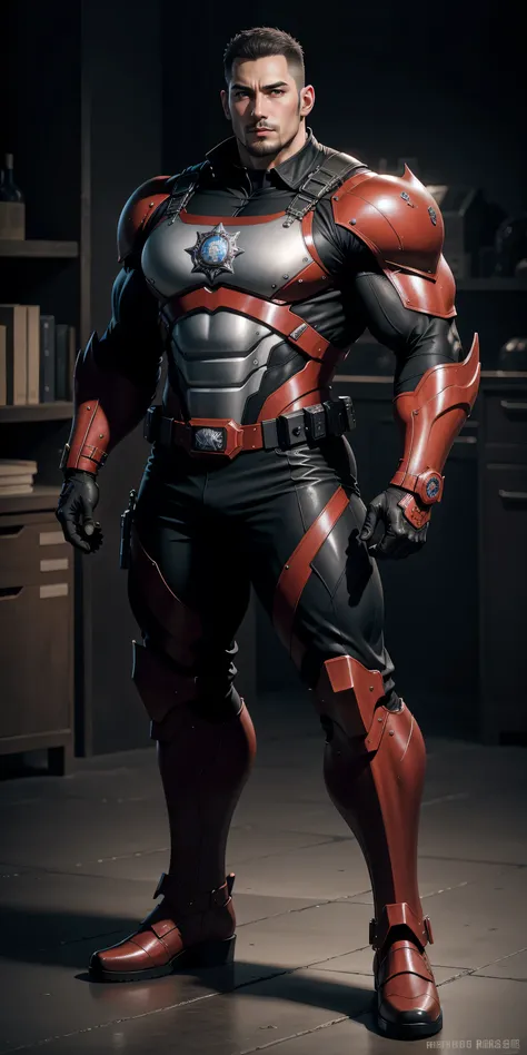 Tall giant muscular police officer,Crimson reticulated nano-mecha,honeycomb pattern,Lightweight texture,character concept(Resident Evil - chris redfield,chris redfield)senior police officer,small grid texture,regular symmetrical texture pattern,sad express...