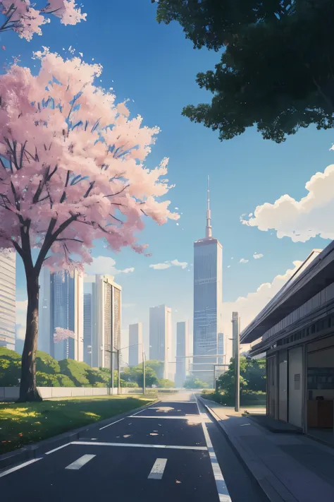 landscape, summer, sun, Tokyo, building, uninhabited, nobody, hot weather, blue sky, HD detail, ultra detail, film, hyperrealism, soft light, deep focus bokeh, ray tracing, gwise on pixiv art station, Makoto Shinkai, art germ