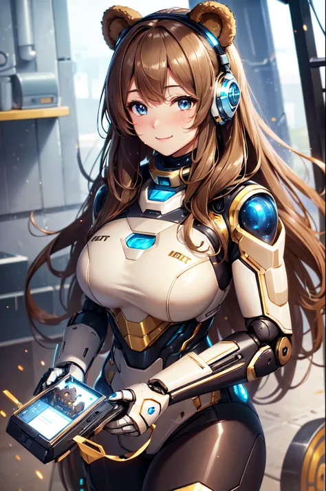 (high quality, high resolution, fine details), (robot suit with bear motif), bear ears, solo, curvy women, light brown hair, spa...