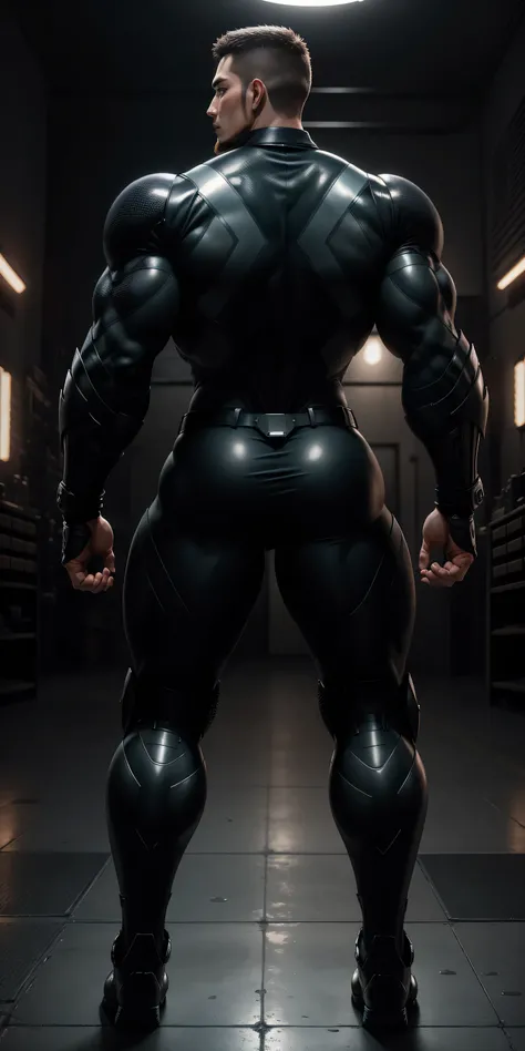 特别High背影, huge, and muscular police officer,Bright black mesh nano-mecha,honeycomb pattern,round butt,Highlights,character concept(Resident Evil - chris redfield,chris redfield)senior police officer,small grid texture,regular symmetrical texture pattern,sa...