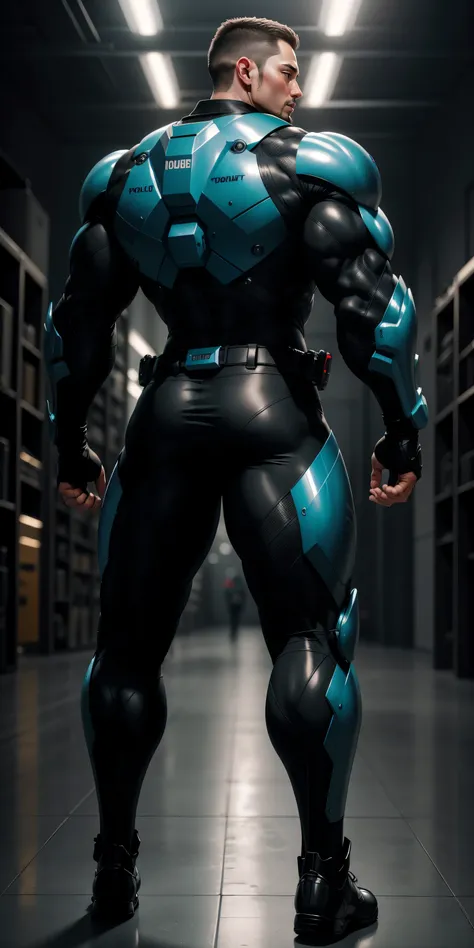 特别High背影, huge, and muscular police officer,Bright black mesh nano-mecha,LED light stroke,round butt,Highlights,character concept(Resident Evil - chris redfield,chris redfield)senior police officer,small grid texture,regular symmetrical texture pattern,sad...