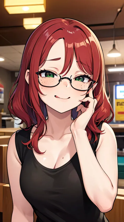 (masterpiece), best quality, expressive eyes, perfect face, short wavy red hair, , shortstack, black t-shirt, cleavage, black eyelashes, tongue out, face focus, untied hair, black glasses, freckles, green eyes, blushing, fast food restaurant, face focus:1....