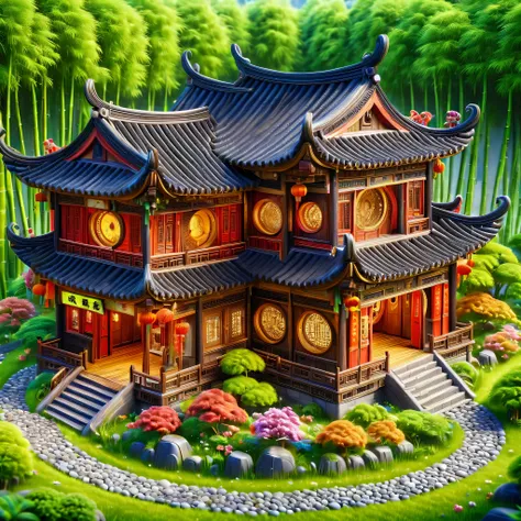(masterpiece, best quality:1.2), ancient chinese house,bright colors,traditional building,bamboo forest,Black tile roof,Flower path,3d,Aerial view,cowboy,pedestrian,swallow