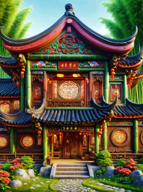 3d, cartoon, ancient chinese house, bright colors, traditional building, bamboo forest, Red and brown, Black tile roof, Flower path, round window, wood carving, warm light, fantasy, whimsical, The photos are real, Shot with a 50mm lens, Classic composition...