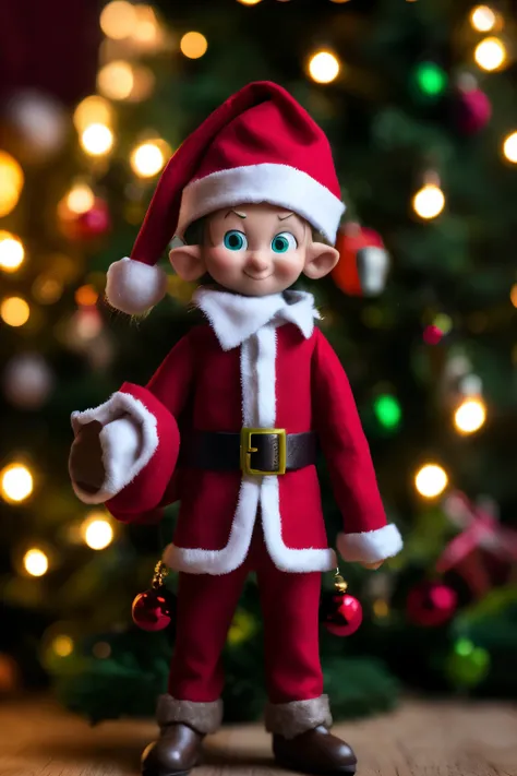 A captivating studio portrait of Santas elf, radiating joy with his rosy cheeks and twinkling eyes. Dressed in a vibrant green and red outfit, the elf stands proudly in Santas enchanting workshop. Brimming with intricately crafted wooden toys and warmly gl...