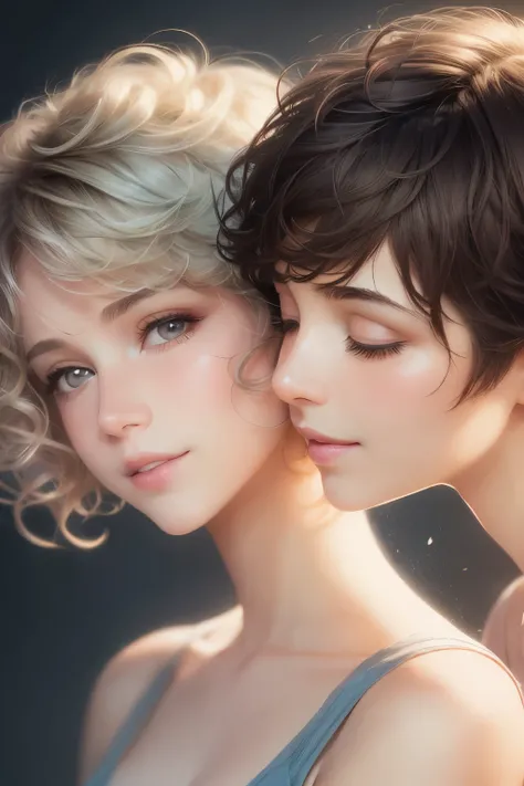 best quality, 32k, RAW photo, incredibly absurdres, extremely detailed, delicate texture, two women, kissing on the cheek, smiling shyly, cute, beautiful, (medium messy wavy hair) and (short pixie cut), background pastel color, motion-blur, action-lines, p...