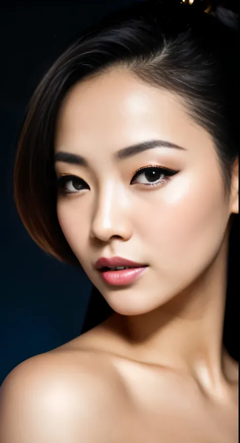 chinese woman, (to8contrast style), (Close-up portrait), open mouth, 8k RAW photo, highest quality, detailed eyes, eye reflection, winged eyeliner, (looking at the viewer:1.3), perfect eyes, best shadow, intricate details, interior, (golden hair:1.3), 6 pi...