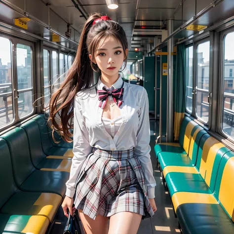 realistic, High resolution, soft light,1 female, alone, waist rises high, (detailed face),(Female student)（(A girl standing in front of a train seat))，colorful hair、shortcut，wear、(White blazer emblem on chest)、(white blouse)(red bow tie)(check skirt),long ...