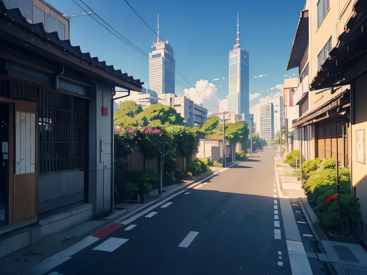 landscape, summer, sun, Tokyo, building, uninhabited, nobody, hot weather, blue sky, HD detail, ultra detail, film, hyperrealism, soft light, deep focus bokeh, ray tracing, gwise on pixiv art station, Makoto Shinkai, art germ