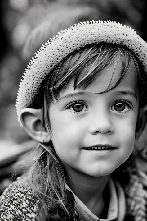 A captivating black-and-white photograph of Santas elf, filled with a sense of amazement and wonder on his face, immersed in a vintage style reminiscent of an old Kodak image. The elf sits comfortably on an antique sleigh, surrounded by a charming, snow-co...