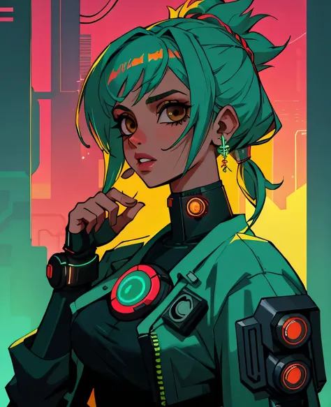 ((melhor qualidade)), ((master part)), ultra-detalhada,Mulher com uma roupa top Cyberpunk  feminino, personagem cyberpunk, arte digital, Garota cyberpunk, no estilo cyberpunk, estilo cyberpunk silenciado, modelo bonito da mulher cyberpunk, roupa cyberpunkn...