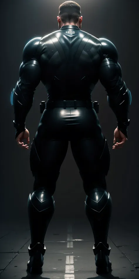 特别High背影, huge, and muscular police officer，Bright black mesh nano-mecha，Colorful light effects surround the whole body，round butt，Highlights，character concept（Resident Evil - chris redfield，chris redfield）senior police officer，small grid texture，regular s...