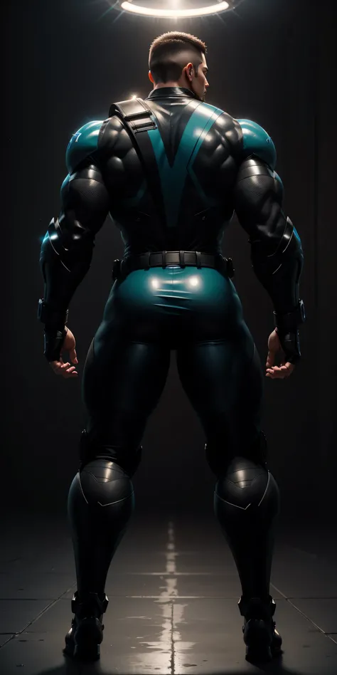 特别High背影, huge, and muscular police officer,Bright black mesh nano-mecha,Colorful light effects surround the whole body,round butt,Highlights,character concept(Resident Evil - chris redfield,chris redfield)senior police officer,small grid texture,regular s...