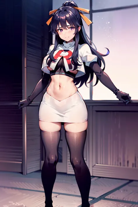 akane, 1girl, solo, long hair, skirt, large breasts, black hair, ribbon, very long hair, purple eyes, hair ribbon, ponytail, hakama skirt, miko, masterpiece, team rocket,team rocket uniform, red letter R, white skirt,white crop top,black thigh-highs,black ...