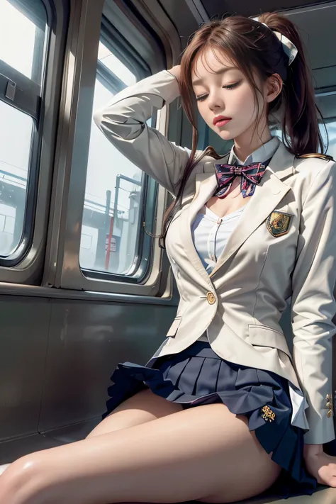 realistic, High resolution, soft light,1 female, alone, waist rises high, (detailed face),(Female student)（(Girl sitting on train))，colorful hair、shortcut，wear、(White blazer emblem on chest)、(white blouse)(red bow tie)(check skirt),long hair、(ponytail)、((P...