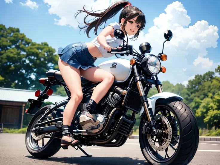 Japan  riding motorcycle,Honda Monkey、super mini skirt、white panties、ponytail、Happy!!!, , motorcycle,[ realistic pictures ]!!, High resolution,sleeveless、white panties