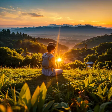 Good morning, mountain view, sunrise infront of boy, praying to sun, best quality, outdoor.