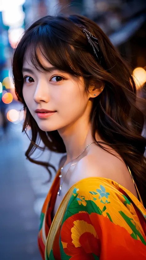 Beautiful Japanese supermodel woman, A lock of hair with slight highlights, black eyes, mixed media, Sexy，street background，Gorgeous kimono , Liquid color flows across her face, Sunset，Photo by Wang Luodan，god of wealth