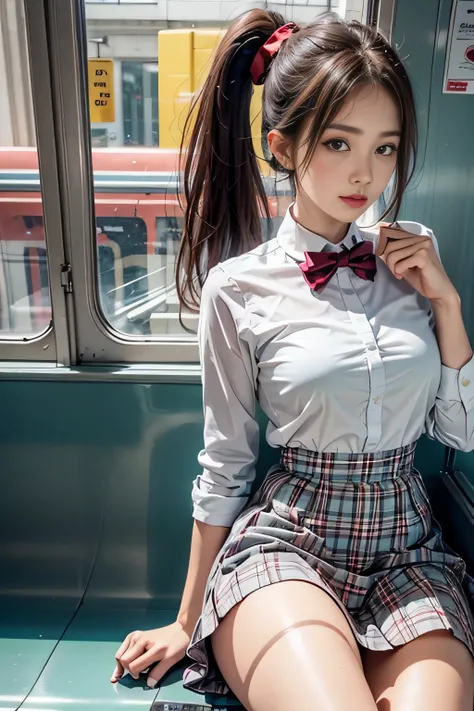 realistic, High resolution, soft light,1 female, alone, waist rises high, (detailed face),(Female student)（(A girl standing in front of a train seat))，colorful hair、shortcut，wear、(White blazer emblem on chest)、(translucent white blouse),(red bow tie)(check...