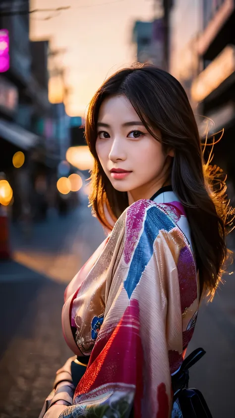 Beautiful Japanese supermodel woman, A lock of hair with slight highlights, black eyes, mixed media, Sexy，street background，Gorgeous kimono , Liquid color flows across her face, Sunset，Photo by Wang Luodan，god of wealth