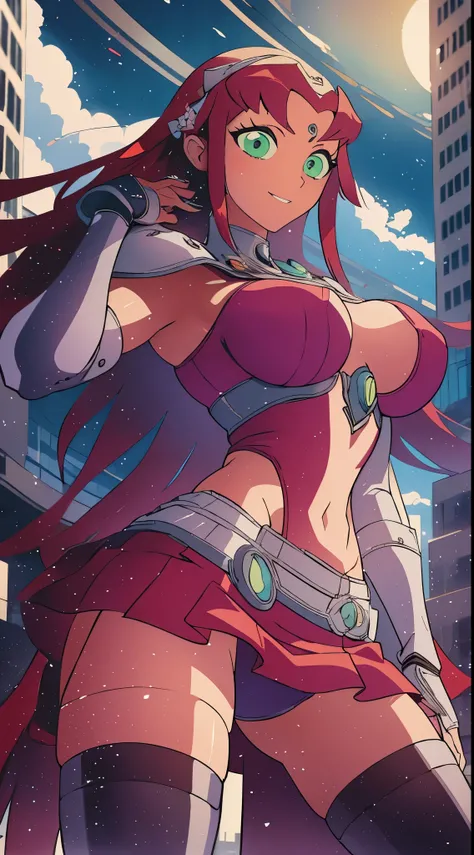 Teen titans, Starfire, anime, masterpiece, 1girl, ((bimbo))), smile face, green eyes, long red hair, , wide hips, thick thigh, big breast, huge ass, shiny skin, purple skirt, purple top, full body, /upscale (icone de um jogo), (icone de peitoral : 1.5), um...