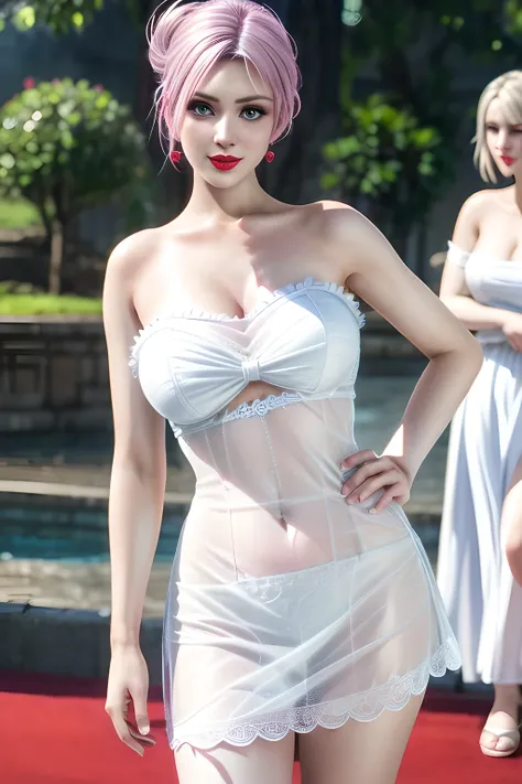 1 girl,Alice,(pajamas),(White strapless dress:1.4),Outdoor activities,  (standing posture),grace,(((red lips))), Lips slightly open,  clavicle,Lactation,(huge breasts),skin shiny,((8k, original photo, top quality, masterpiece), HD RAW color photos professi...