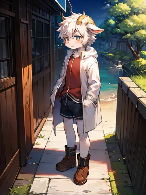 Bright outside，Goat Boy，goat horns，male focus，furry men，Characteristics of a three-year-old boy，One meter six height，Furry Shota，Bright Eyes，coat，short sleeves，shorts，Standing posture