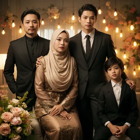 Indonesian family photo, 45 year old man, wearing a black suit, 43 year old woman wearing a golden kebaya, two boys aged 25 and 14 years old wearing black suits together, photo studio background decorated with lights and flowers, detail, best photography, ...