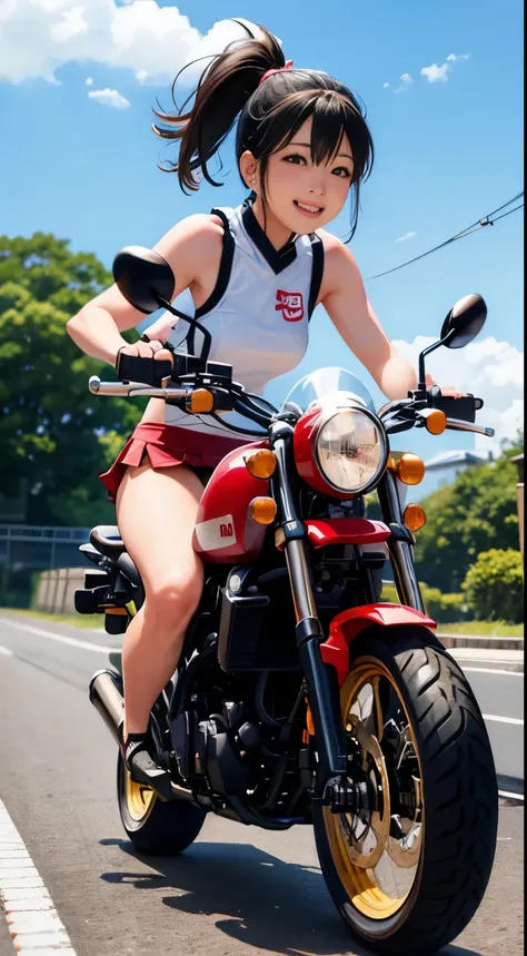 Japan  riding motorcycle,Honda Monkey、super mini skirt、white panties、ponytail、Happy!!!, , motorcycle,[ realistic pictures ]!!, High resolution,sleeveless、white panties