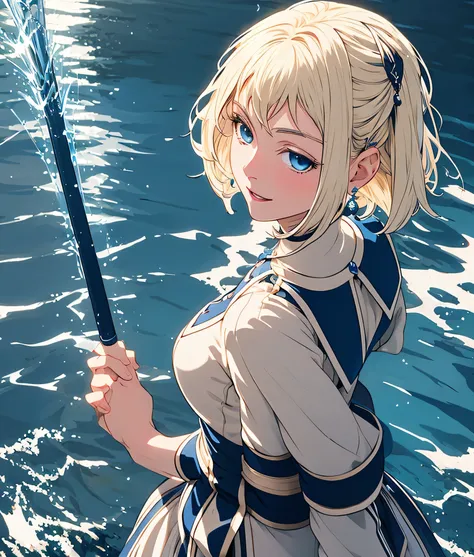 masterpiece, high res, detailed face, detailed eyes, anime screencap, 1 girl, solo, casting water magic, slender, short hair, wh...