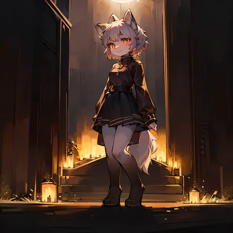 wolf girl，wolf ears，female focus，Furry women，Characteristics of a three-year-old girl，Furry loli，Bright Eyes，One meter six height，long sleeves，short skirt，Standing posture