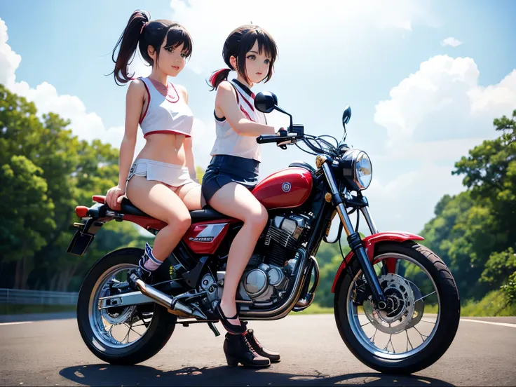 Japan  riding motorcycle,Honda Monkey、super mini skirt、white panties、ponytail、Happy!!!, , motorcycle,[ realistic pictures ]!!, High resolution,sleeveless、white panties