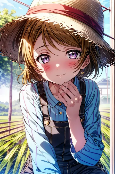 (((pixel perfect, Perfect in every detail))), alone, 1 girl, Hanayo Koizumi, brown hair,short hair,purple eyes,looking at the viewer, smile,straw hat,concealment of work overalls,rice planting boots,Paddy field,Rice cultivation,Sunny,countryside,(masterpie...