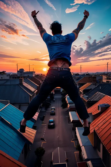 first-person view you can see the two hands with revolvers running of a man with tattoos on his arms jumping from a building to another blue glass roof and view of the sky with orange sunset clouds cinematic action jump