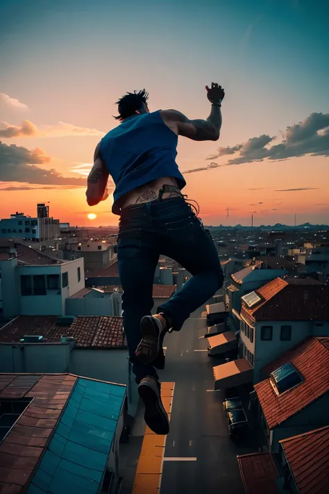 first-person view you can see the two hands with revolvers running of a man with tattoos on his arms jumping from a building to another blue glass roof and view of the sky with orange sunset clouds cinematic action jump