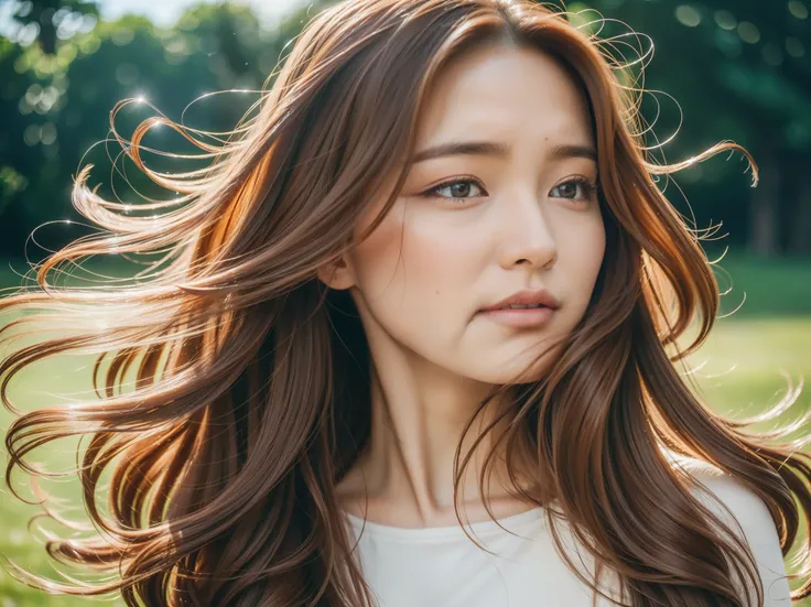 highest quality, High resolution, super detailed, realistic, Beautiful brown color wavy long hair blowing in the soft wind on the gentle face of a woman, Long flowing hair lifted, Bright flowers on park background, close up shot