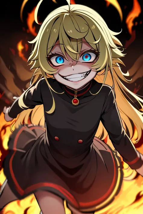 Tanya Senki Tanya Degurechaff, best quality, crazy smile, scary smile, evil smile, uneasy smile, teasing smile, grin, lewd smile, malicious smile, creepy smile, moody bad, gap moe, yandere, dark, horror, horror manga, horror smile, background (explosive fl...