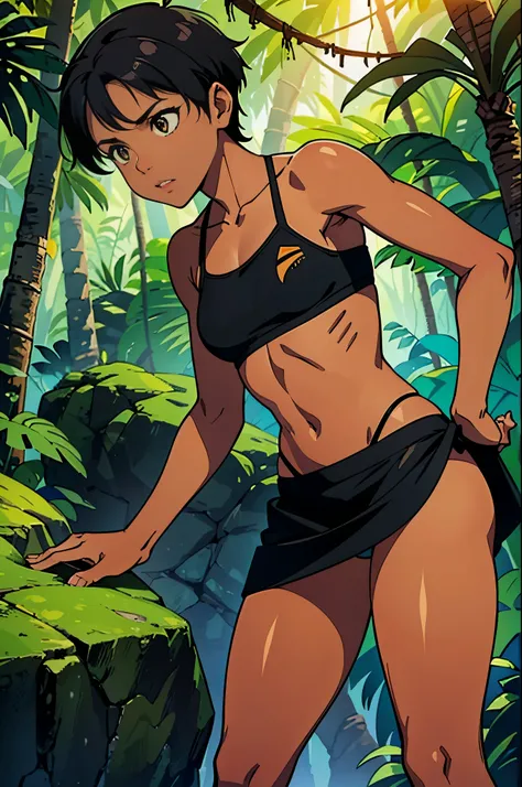 Best quality, masterpiece, 1woman, tomboy, athletic, dark tan colored skin, primitive amazon warrior, tube top bikini, side skirt, short, small breasts, very short black colored hair, jungle rainforest background setting,