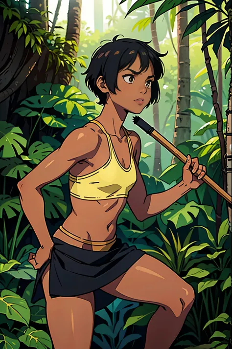 Best quality, masterpiece, 1woman, tomboy, athletic, dark tan colored skin, primitive amazon warrior, in primitive tube top and side skirt, short stature, small breasts, very short bob cut, black colored hair, jungle rainforest background setting